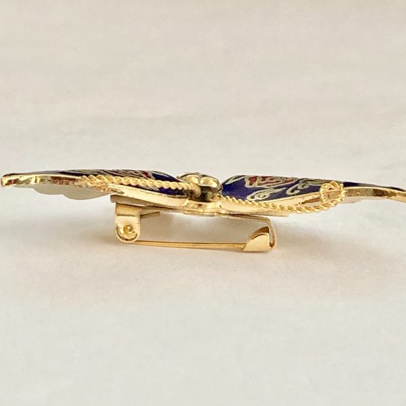 Vintage Cloisonne Butterfly Brooch Pin Flowers Blue Enamel Gold Plated Taiwan - Picture 10 of 12
